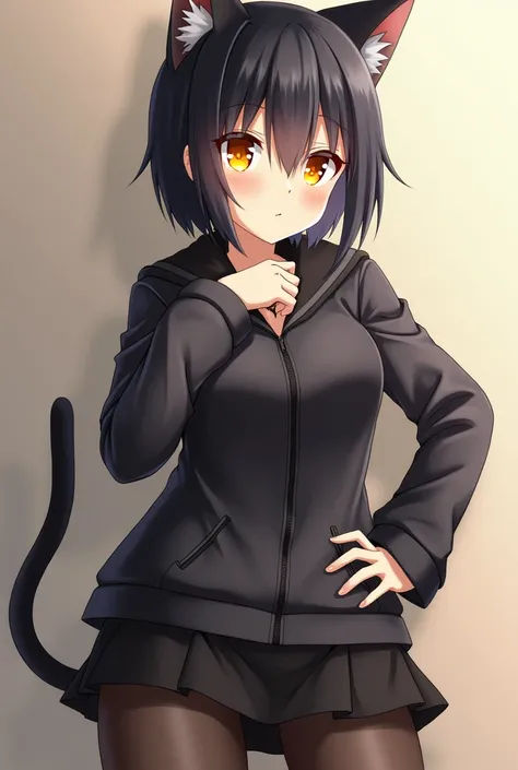 anime, black cat, girl, yellow eyes, black hair, black jacket, anime catgirl, beautiful anime catgirl, cute anime catgirl, anime cat, , catgirl, attractive cat girl, very beautiful anime cat girl, anime girl with cat ears, cat girl, realistic anime cat, ve...