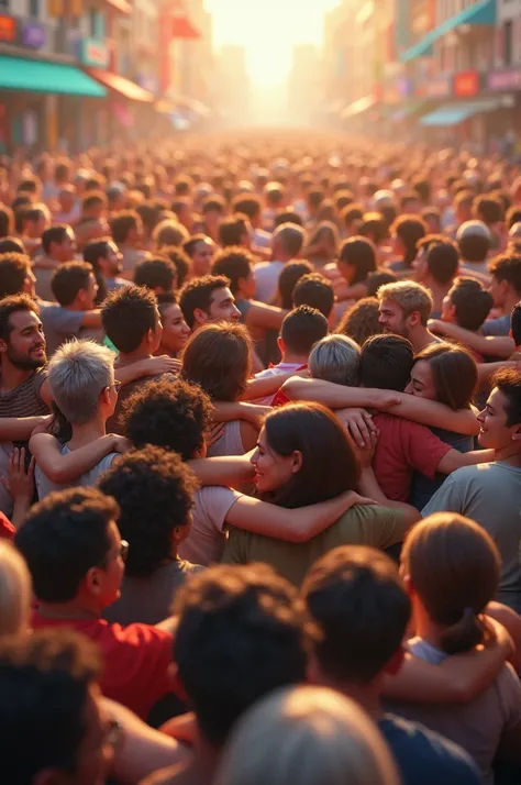 Hundreds of People hugging from chest to chest 
City background /  Attractive colors  / 