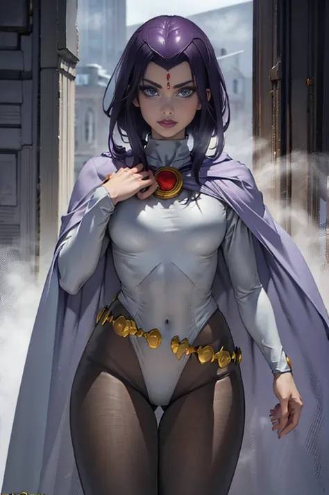 enji night as 1girl, cowboy shot of raven cosplay, pale skin, white see-through leotard, turtleneck, tights, large sexy hips, cape,  gold belt, jewels, medallion, athletic, looking at viewer, mist, fog, volumetric lighting, best quality, masterpiece, intri...