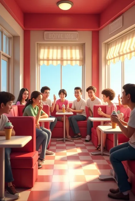 Interior of an ice cream parlor with red and white walls with tables without a logo in the background 