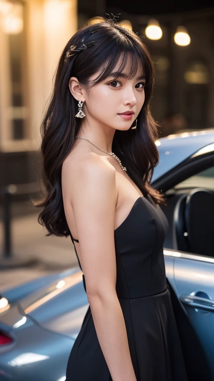 a beautiful 18 years old girl wearing formal black dress, it dressed very well, shes wise and woman, shes elite boss, shes very rich girl, elegant pose, standing in front of her Porsche, elegant Porsche, Porsche 911 GT-3RS, exclusive Porsche, expensive nec...