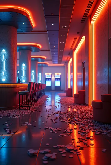 Illustration minimalist dun casino de Las Vegas, interior, 
Bar space , Grand, luxure, avec beaucoup de jetons sur le sol,
 empty scene ,  very detailed {x} cyberpunk style orange and blue neon lights, Realistic, architecture moderne,  very detailed , 4K, ...