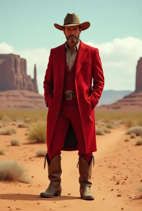 (8k, best quality, masterpiece: 1.2), (best quality: 1), man, cowboy boots, suit style, desert background cowboy suit, western style, red clothes