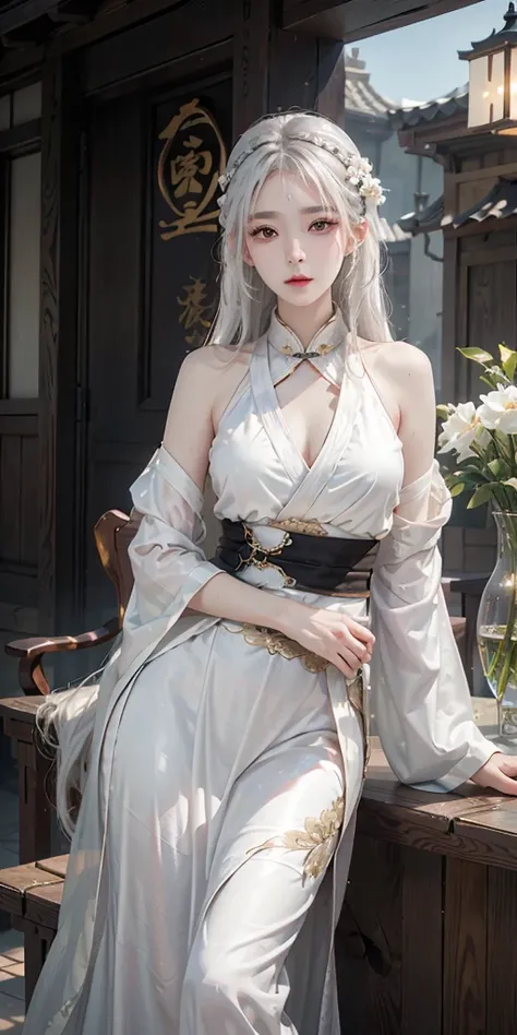 photorealistic, high resolution, soft light,1women, solo, hips up, shinning skin, (detailed face), jewelry, hanfu, kungfu style, white hair