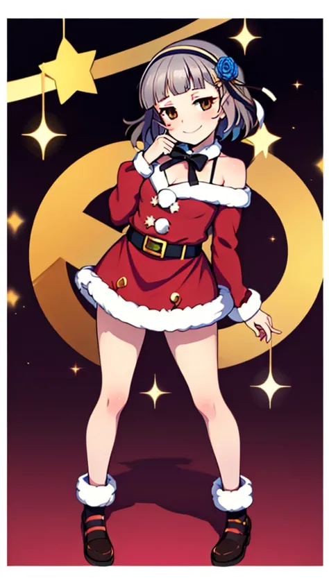 (((solo))), 1 woman, LOVELIVE! Sakuya Kurobane, sakuyaunif, kurobane_sakuya, short hair, grey hair, black hairband, blue hair flower, brown eyes, red eyeliner, chest, blush, smile, (full body), santa claus