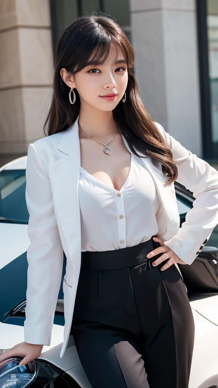 a beautiful 18 years old girl wearing formal black suits (including white shirt, and black trousers), it dressed very well like a queen, shes priceless girl, shes wise woman, shes elite boss, shes very rich girl, elegant pose, standing in front of her Pors...