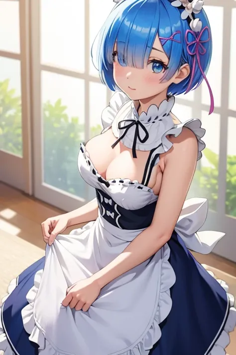 Rem、 blue eyes、 blue hair 、Hair accessories、 hair covering one eye 、 hair bow、 Shorthair、x Hair accessories、apron、Head ornament、Maid、naked