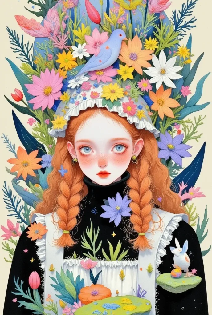 a painting of a girl，she has flowers and birds in her hair,  exquisite digital art , lovely art style,  artstration trend , 可爱的数...