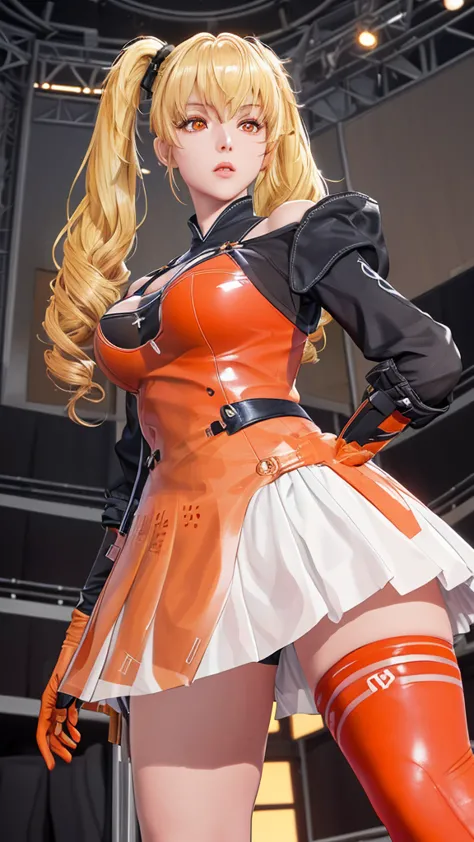 (（（figure，御姐figure,White and tender skin,（（（FenNib , long_sleeves_skirt, red_single_thighhigh, thigh_holster, elbow_gloves, strap, ）））,(（（twintails, Blonde_hair, orange_eyes,））),，((masterpiece)), highres icon,((Best quality at best)),masterpiece,quality,Be...