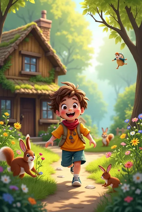 Draw me a boy playing in front of a cute forest house in the forest around there are cute animals season spring