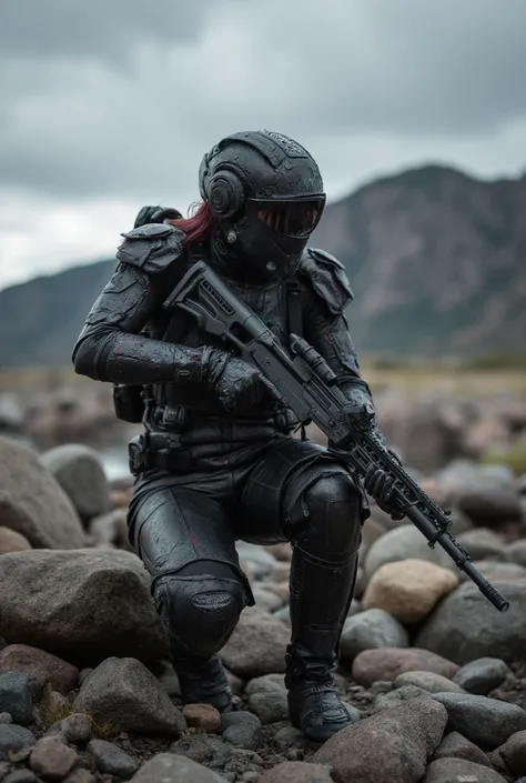 Sur les plaigne rocheuses. Une femme parcourant entre chaque rochers. Armée un Armée biomécanique. Vêtue un combinaison intégrale biotechnologies, créé a partit de substances noire organique. Donnant un surface noire gluant, fusionnant avec larme. Ciel nua...