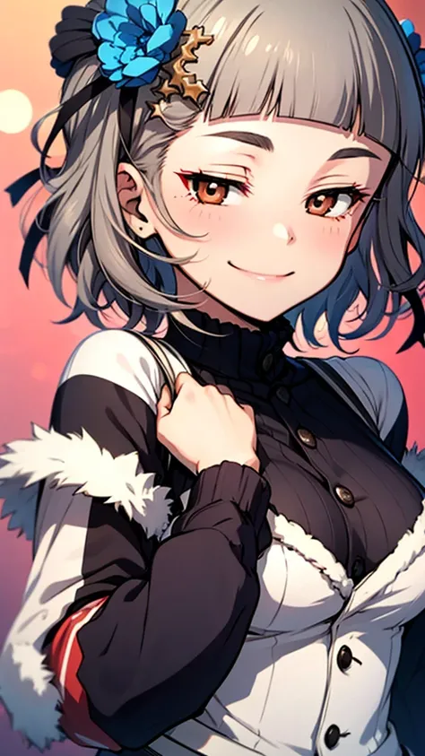 (((solo))), 1 woman, LOVELIVE! Sakuya Kurobane, sakuyaunif, kurobane_sakuya, short hair, grey hair, black hairband, blue hair flower, brown eyes, red eyeliner, chest, blush, smile, (upper body), santa claus