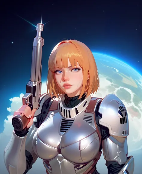  there is a woman holding a gun in front of a spaceship, hyperrealistic fantasy art, doom eternal, Female Stormtrooper ,  heavenly planet in the background,  inspired by Jan Victors , In the foreground boy with shotgun , Orianna, gray orange, there (2021) ...