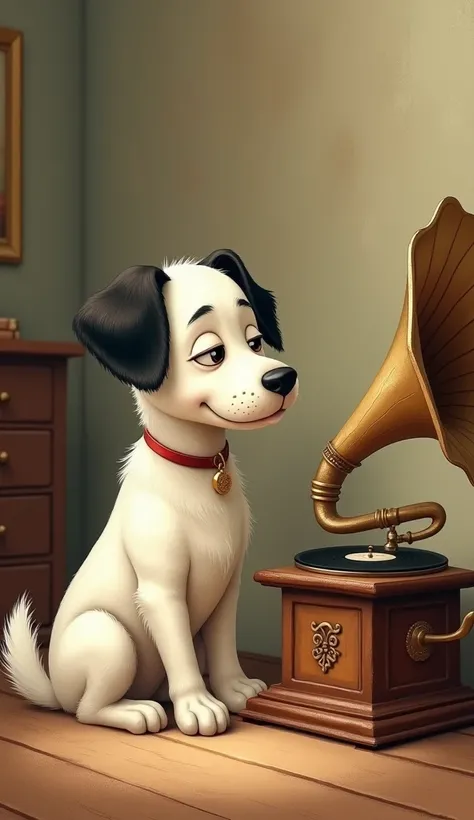 Illustration、 peek into the place where the sound of a gramophone comes out、White Dog、Ears are black、Sitting、A gramophone and a dog are the same size 