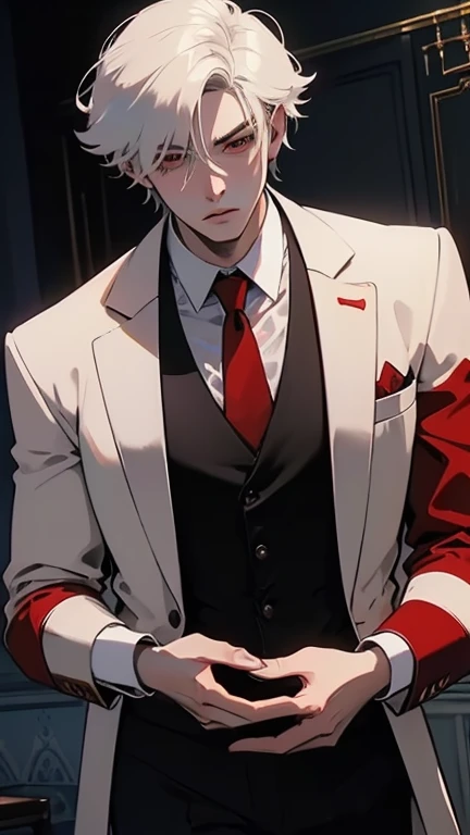 a man in a red mask, anime man in a suit in a ballroom, people are dancing in the background, nobles, attractive boy with red eyes while squinting, white hair, masquerade, 1 man, formal suit, ballroom, dancing crowd, nobles, beautiful detailed eyes, red ey...