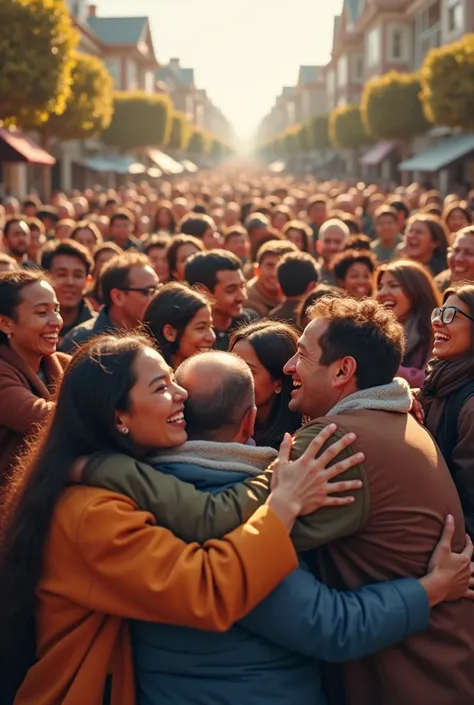 Hundreds of people hugging each other from chest to chest with attractive colors / one by one / street background with beautiful houses / many people  