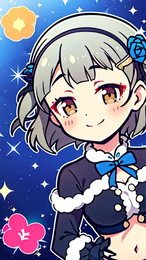 (((solo))), 1 woman, LOVELIVE! Sakuya Kurobane, sakuyaunif, kurobane_sakuya, short hair, grey hair, black hairband, blue hair flower, brown eyes, red eyeliner, chest, blush, smile, (upper body), santa claus