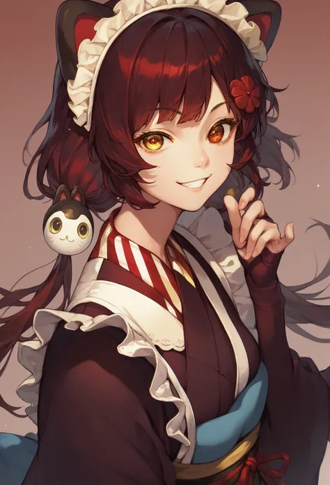 inuiToko,(yellow eyes:1.5),(red eyes:1.5),maid headdresslow twintails,smile, kimono