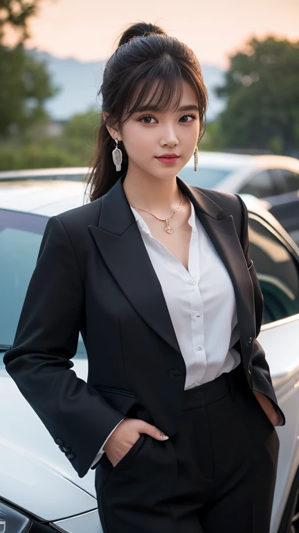 a beautiful 18 years old girl wearing formal black suits (including white shirt, and black trousers), it dressed very well like a queen, shes priceless girl, shes wise woman, shes elite boss, shes very rich girl, elegant pose, stand along with her Porsche,...