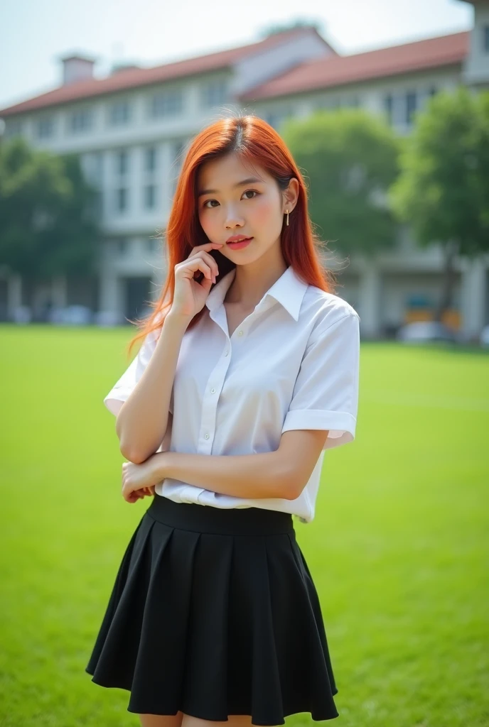 Female thailand, student small size hair color red height 160 with white short shirt,black skirt poses sexy in football field in thai university 