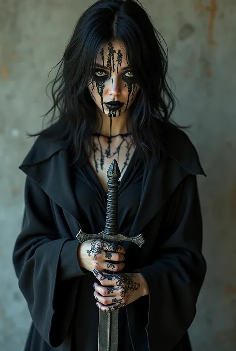 black haired girl, black liquid dripping out from eyes and mounth. black lips, dryied black paint cover her face. Holding a black liquid shield and a black liquid sword