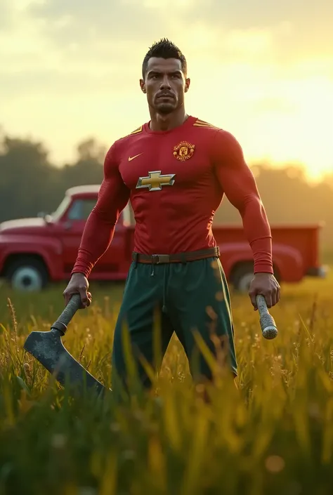 SupermanGenerate a hyper-realistic photograph of Cristiano Ronaldo wearing his iconic Manchester United red jersey, working as a farmer cutting grass in a rustic countryside setting. Hes holding traditional farming tools - a scythe in his hands with expert...