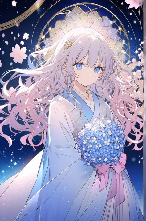  Create an image of a girl with eyes that shine in the colors of the universe,  a heavenly blue with twinkling stars .  Her hair is diamond-colored ,  constantly changing according to the light ,  with a soft sheen .  She wears a simple kimono , but elegan...