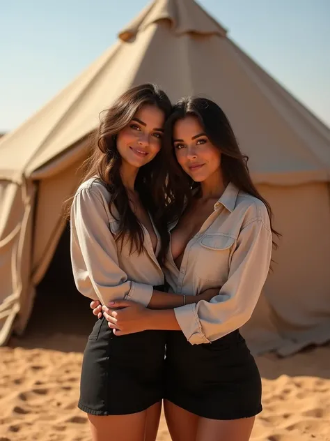 25 years old Italian 2 Lesbian girls,They work in front of a Bedouin tent  in the desert ,wearing a sexy black mini skirt,  long brown hair, small breasts, a shirt that reveals the valley of the chest, beautiful small breasts, bronze model body, foot on fo...