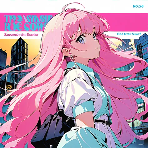 (masterpiece, best quality),A cover illustration that looks like a anime from the 80s. The title is "Kimagure Chichipui Road". An 18 year old girl with long hair. The girls hair is blowing in the wind. 80s fashion.