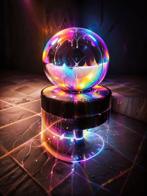 A psychedelic dream, vibrant colors shimmering, glass morphing from colors, intricate rainbow patterns, perfectly formed symmetrical spheres and glowing reflective bubbles, attention to detail on the bubbles and spheres, rainbows of color twisted in and ou...