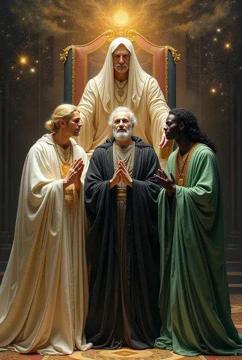 Create a realistic baroque painting of three cosmic beings , Men,  that appeared as the universe wearing robes that one represents light being white and blond,  the other the shadows being white with black hair and dark robes ; And the one about magic ,  t...