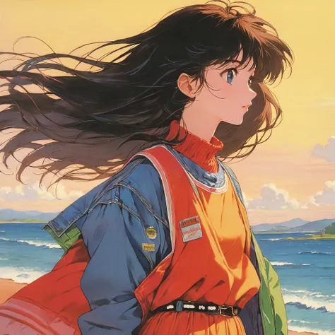 (masterpiece, best quality),A cover illustration that looks like a anime from the 80s. The title is "Kimagure Chichipui Road". An 18 year old girl with long hair. The girls hair is blowing in the wind. 80s fashion.