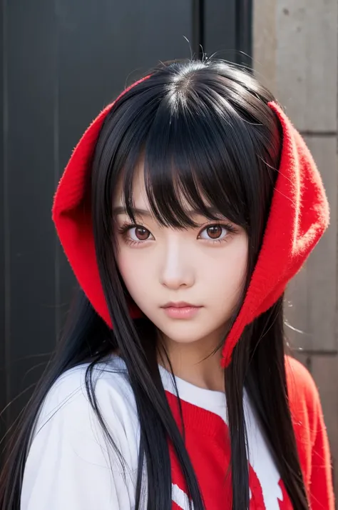 Anime girl, black hair, red eyes, Her casual hairstyle is long hair.