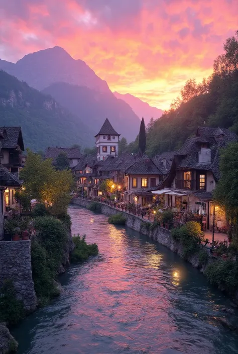 a small village by the river, mountains in the background, floral flowers colorful, detailed landscape, Beautiful natural landscapes, atmospheric lighting, scorching sunset, warm colours, practical, photopractical, Detailed Foliage, complex buildings, cobb...