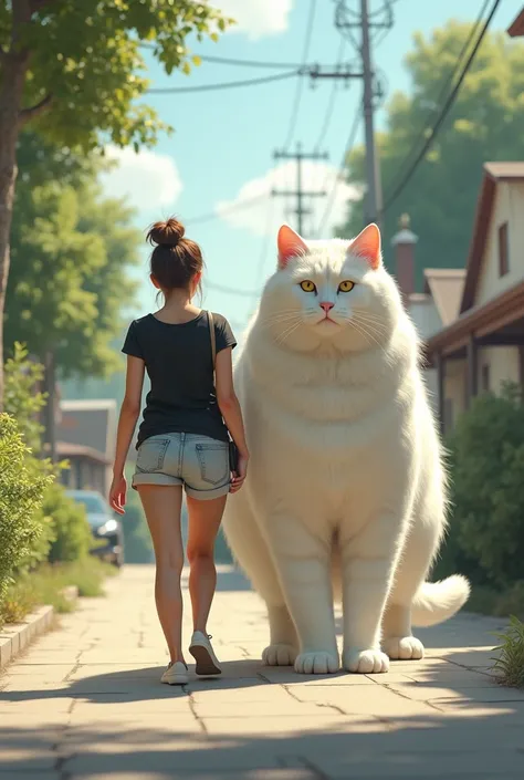 "A woman walking alongside a realistic two-meter cat in a sunny residential neighborhood,  with houses and trees in the background .  The woman wears light shorts , a black t-shirt, with hair tied up. The cat has detailed white fur ,  looking confident and...