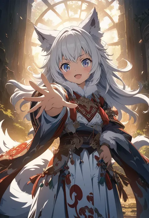 (masterpiece:1.2), (Highest quality:1.2), Ultra-high resolution, Very detailed, Perfect lighting, Wolf Girl, White Hair, National costume, Otherworldly fantasy, Fluffy tail,cute, Reaching out to the viewer, from the front, Cracked screen,Digital anime art,...