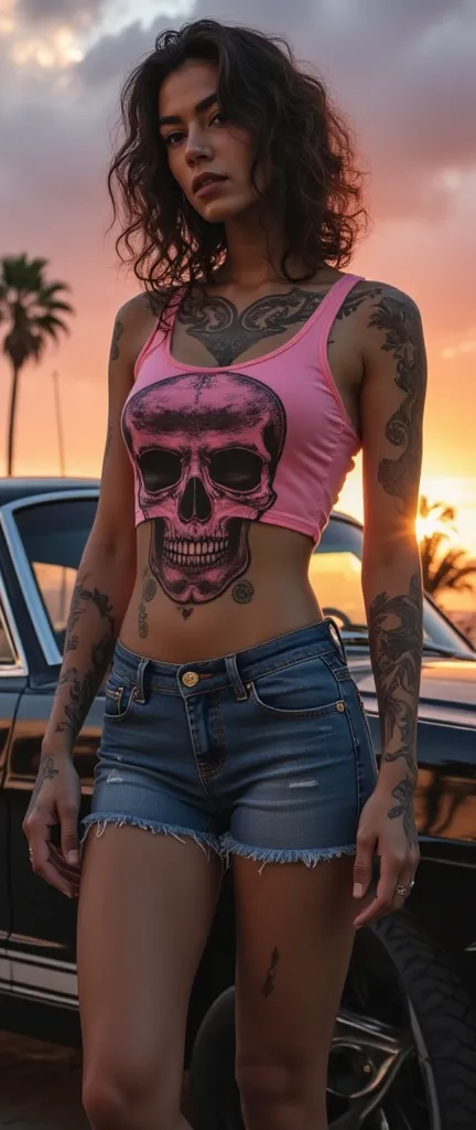 anatomically correct , plan general,  full body  ,  beautiful woman in sexy pose , short denim miniskirt ,  pink top with a draw...