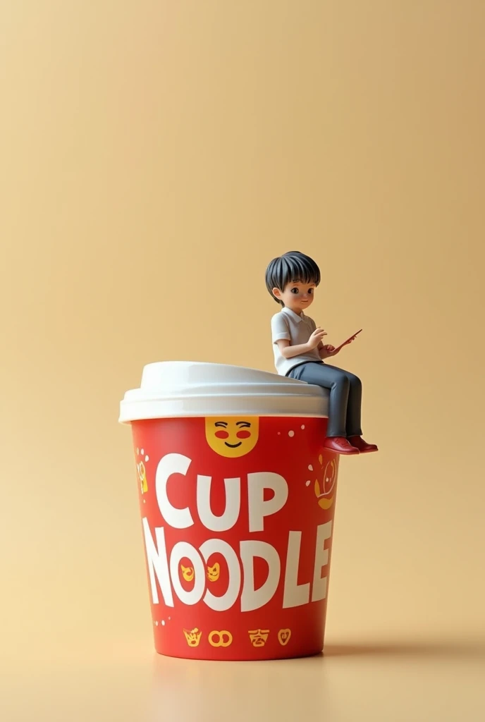 Cup noodles with the lid closed, a miniature figure sitting on the edge of the lid