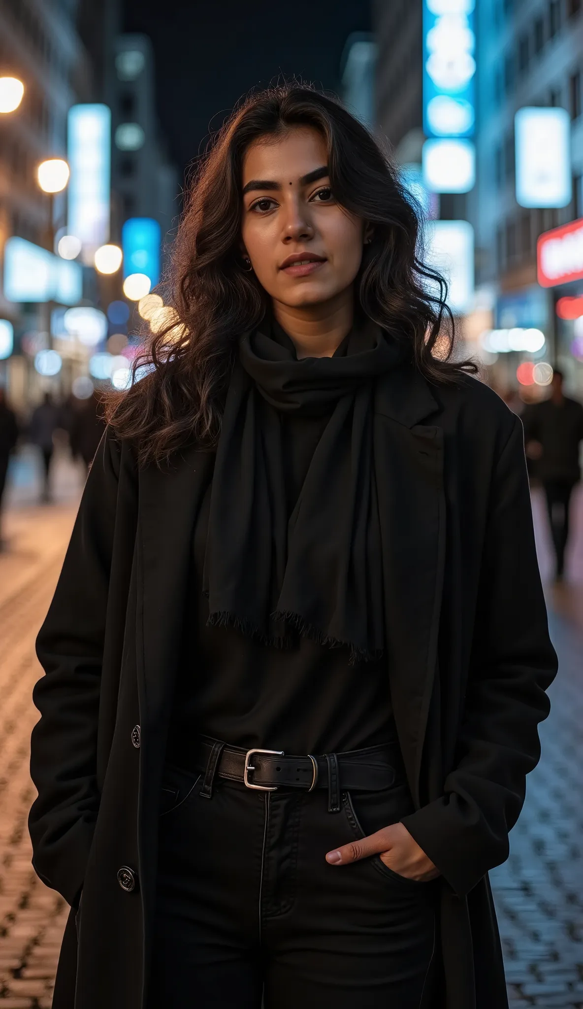 iranian beautiful girls，pretty face，wearing a dark scarf，cyberpunk city by night，she was wearing a dark open coat，black jeans，dr...