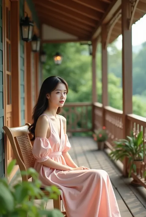 1 beautiful Korean chick , cute face, 20 years old,  wearing a long dress is sitting on the front seat of the porch of the house 