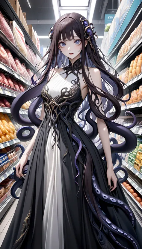 solo。
 realistic drawing。High image quality。 High Quality 。
 dark colored straight long hair with egg case。supermarket sale 。Get out of the 。
Personification。Long nails。 upper body。 Mysterious、 dark atmosphere。Extended long dress 。 comes out only slightly ...