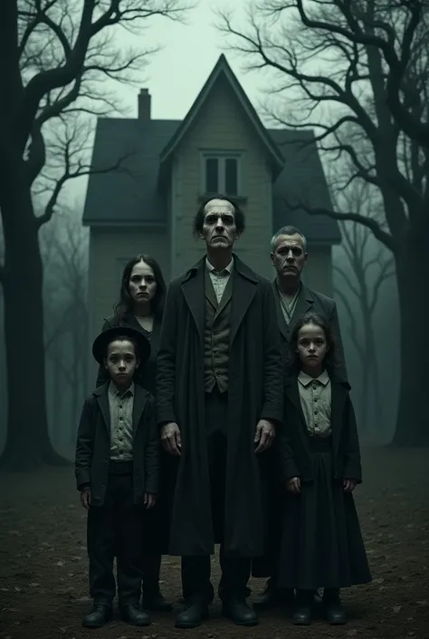 You could recreate an image of a house in the middle of the woods that is haunted and dark with a family next to the house who are posing in the photo that is very scary with chilling smiles on their faces.