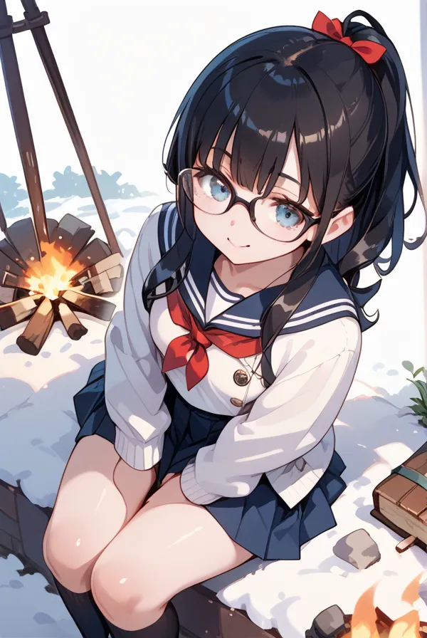 Black hair, glasses, sailor uniform, duffle coat, bonfire, high school girl warming herself by the bonfire