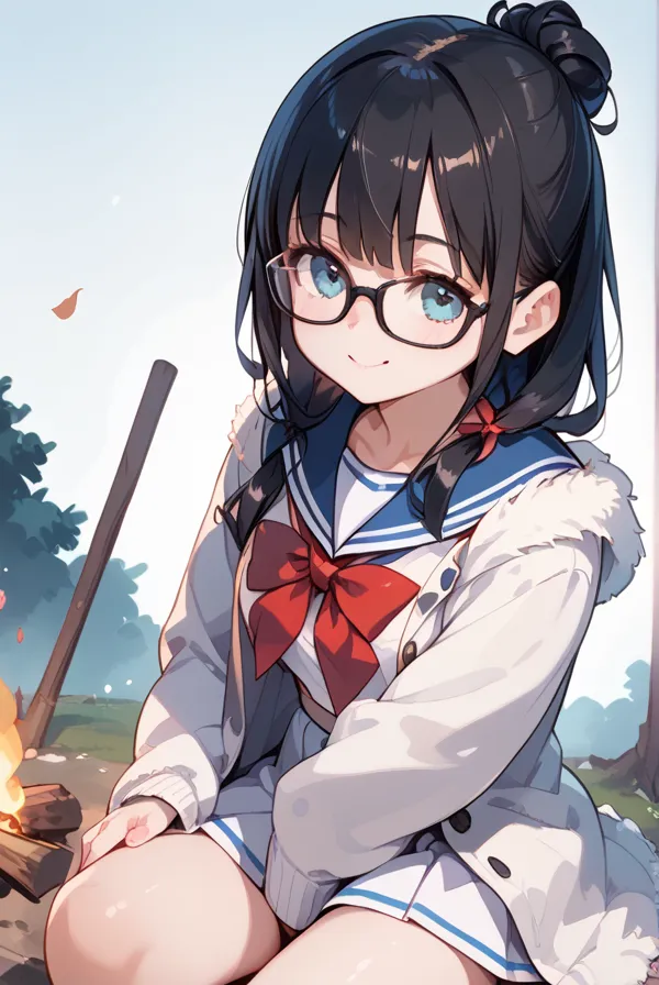 Black hair, glasses, sailor uniform, duffle coat, bonfire, high school girl warming herself by the bonfire