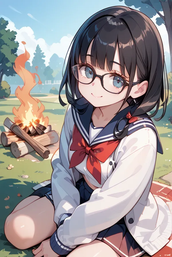 Black hair, glasses, sailor uniform, duffle coat, bonfire, high school girl warming herself by the bonfire