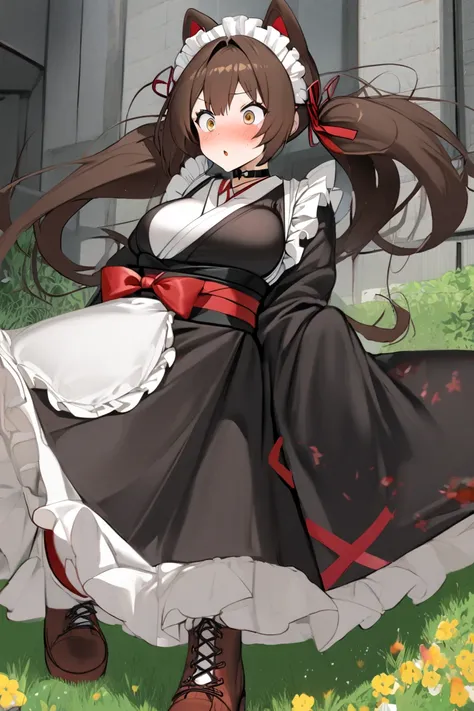 it1, flower, twintails, low twintails, very long hair, dog girl
choker, maid headdress, black kimono, wide sleeves, frills, obi, white apron, sleeves past wrists, skirt, red skirt, brown footwear, cross-laced footwear、Large Breasts、T-Shirts(tight)Maxi Dres...