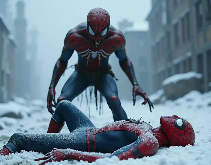 Zombie spiderman standing infront of unconscious sleeping normal spiderman in snow