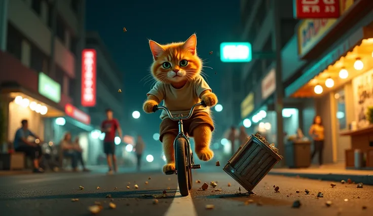 A dramatic nighttime scene in a bustling urban environment illuminated by streetlights and glowing neon signs. The setting is realistic, with a dimly lit street surrounded by small shops and parked vehicles. The anthropomorphic orange tabby cat is riding a...