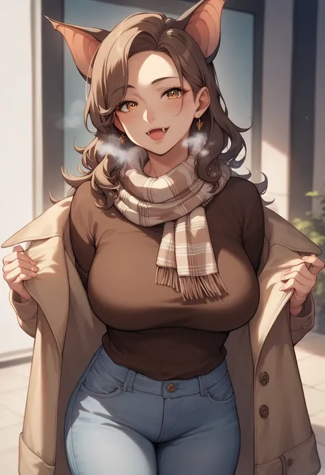 Dark brown long hair, dark brown top shirt, light brown jeans pants, scarf on neck, cute fangs, bat woman, high bat ear, Milf, bat details on clothes, casual clothes, brown paletes, Anime style, Air around visible of breath and heat, big breast, seductive ...