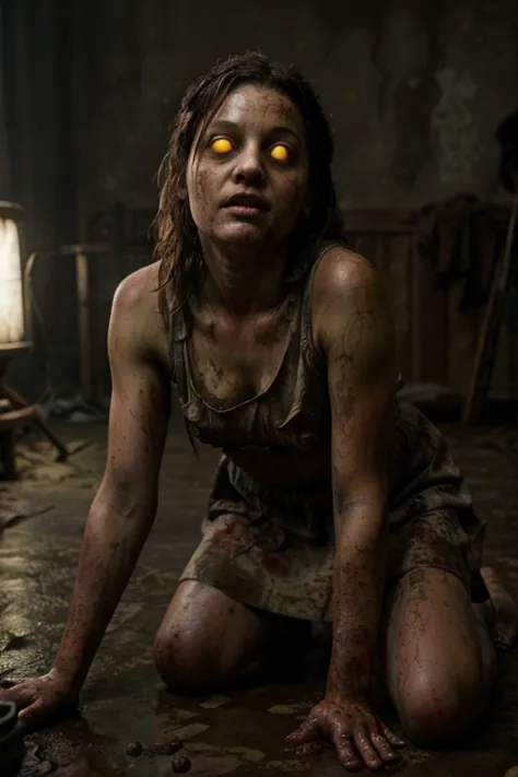 1 girl, lilsis, dirty, blood, muddy dress, black hair, dress, horror, (theme), alone, yellow eyes, dark, yellow sclera, glowing ...